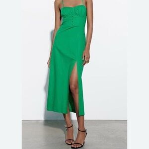 Zara Green Linen Blend Button Midi Slit Dress